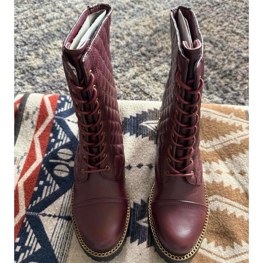 Charlee Burgundy Quilted Lace Up Combat Boots Chain Trim Size 7 - Picture 2 of 6